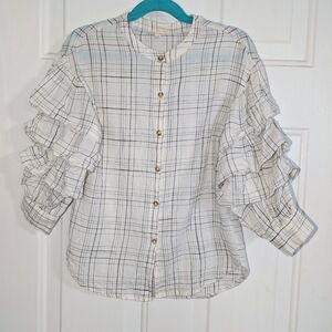 Hayden Cream Plaid Ruffle Puff Sleeve Girls Shirt -Sz 7